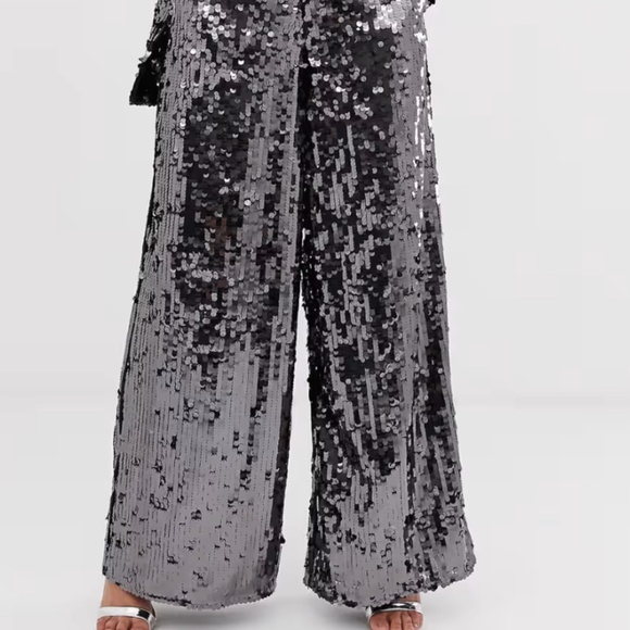 ASOS EDITION charcoal dark grey sequin wide leg flare pants - US 6 - Picture 6 of 6